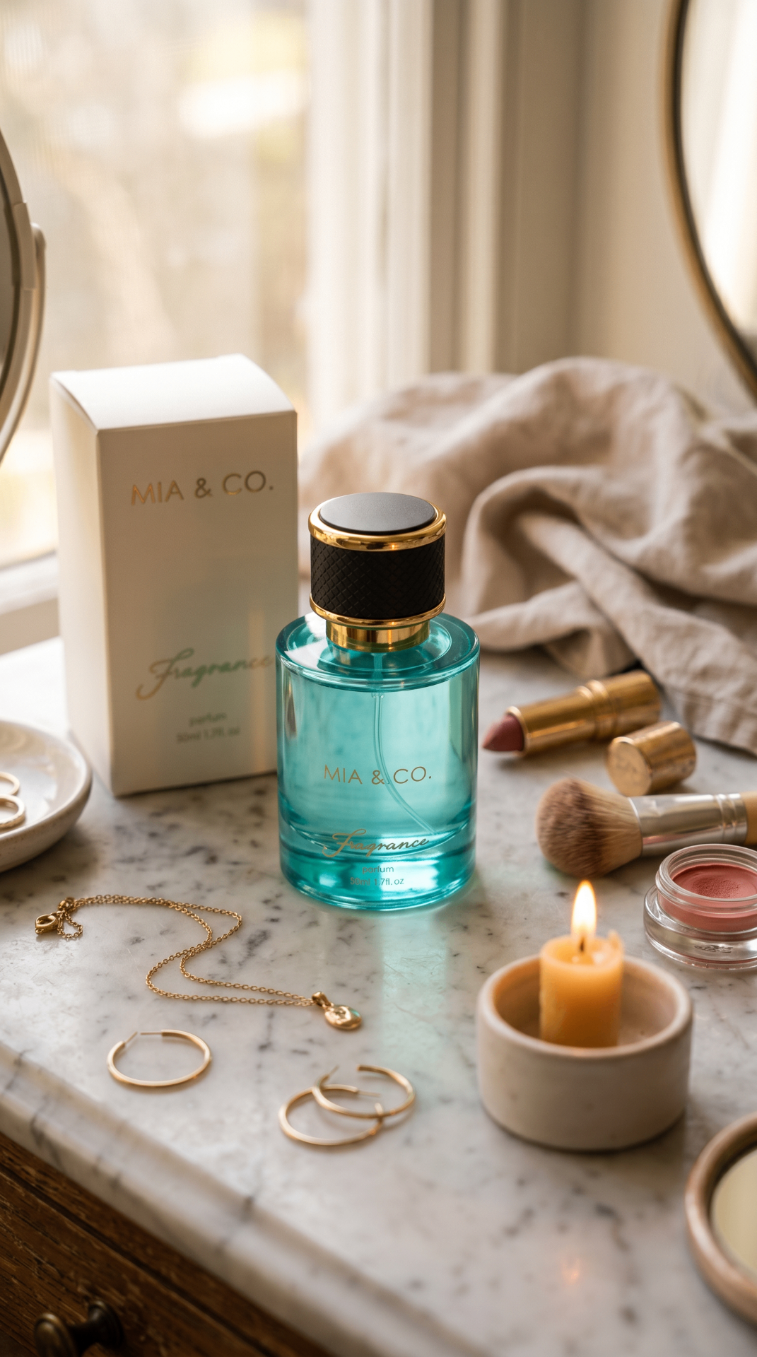 Mia & Co. fragrance and gift box styled on a marble vanity with jewellery and candle