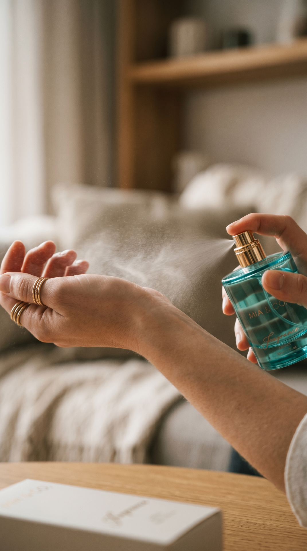 Mia & Co. fragrance being sprayed onto wrist