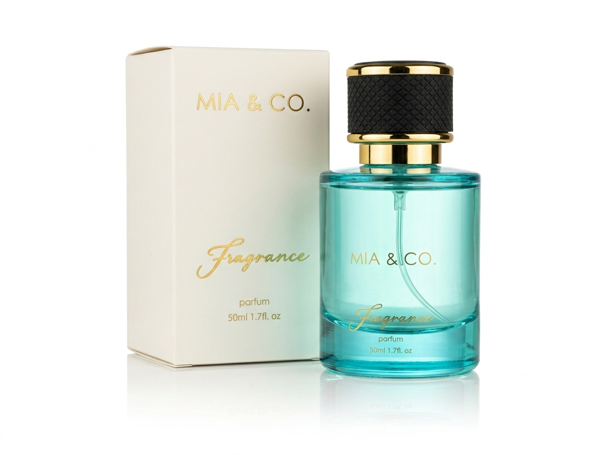 Mia & Co. teal fragrance bottle with cream gift box